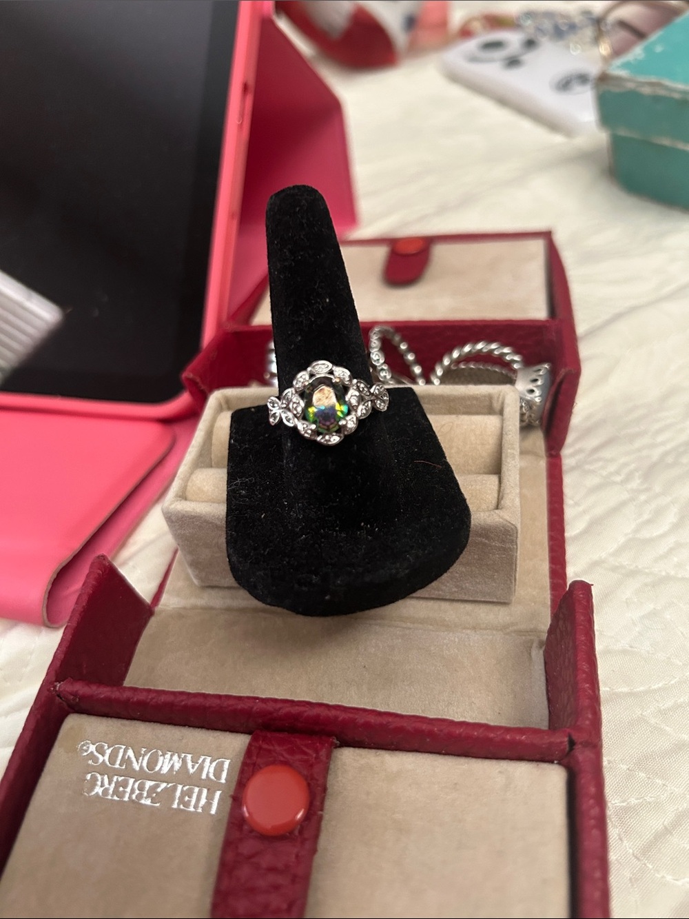 Sterling Silver Floral Ring with Mystic Topaz Center - Black and Silver